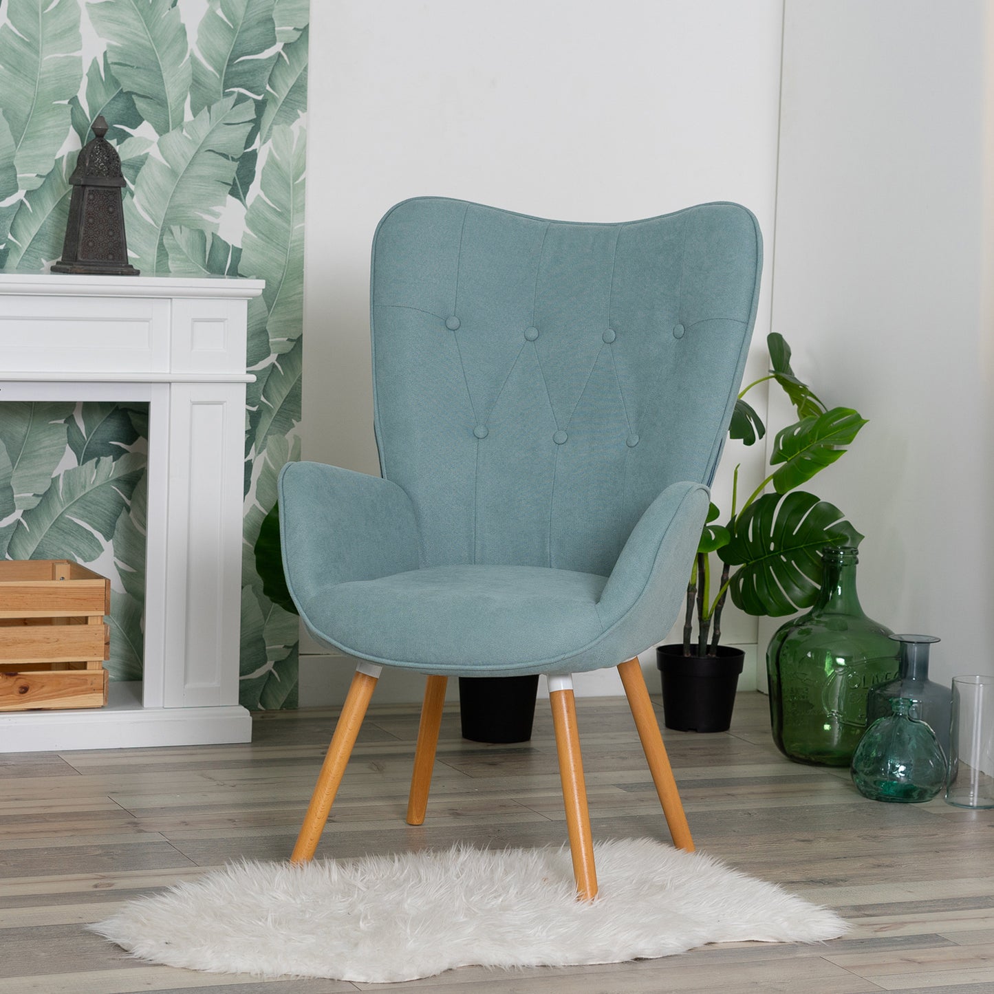Nordic fauteuil – armstoel – loungestoel – zetel – relaxstoel – groen katoenen bekleding – metalen frame met houten poten – 66x71x109 cm