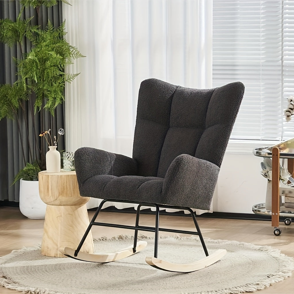 Schommelstoel – Witte Rocking Chair – Teddy Fauteuil – Schommel Fauteuil – Lounge Stoel – Zachte Teddy Bekleding – Stevige Houten Poten
