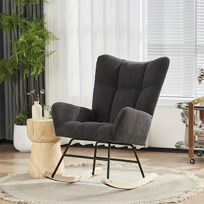 Schommelstoel – Witte Rocking Chair – Teddy Fauteuil – Schommel Fauteuil – Lounge Stoel – Zachte Teddy Bekleding – Stevige Houten Poten
