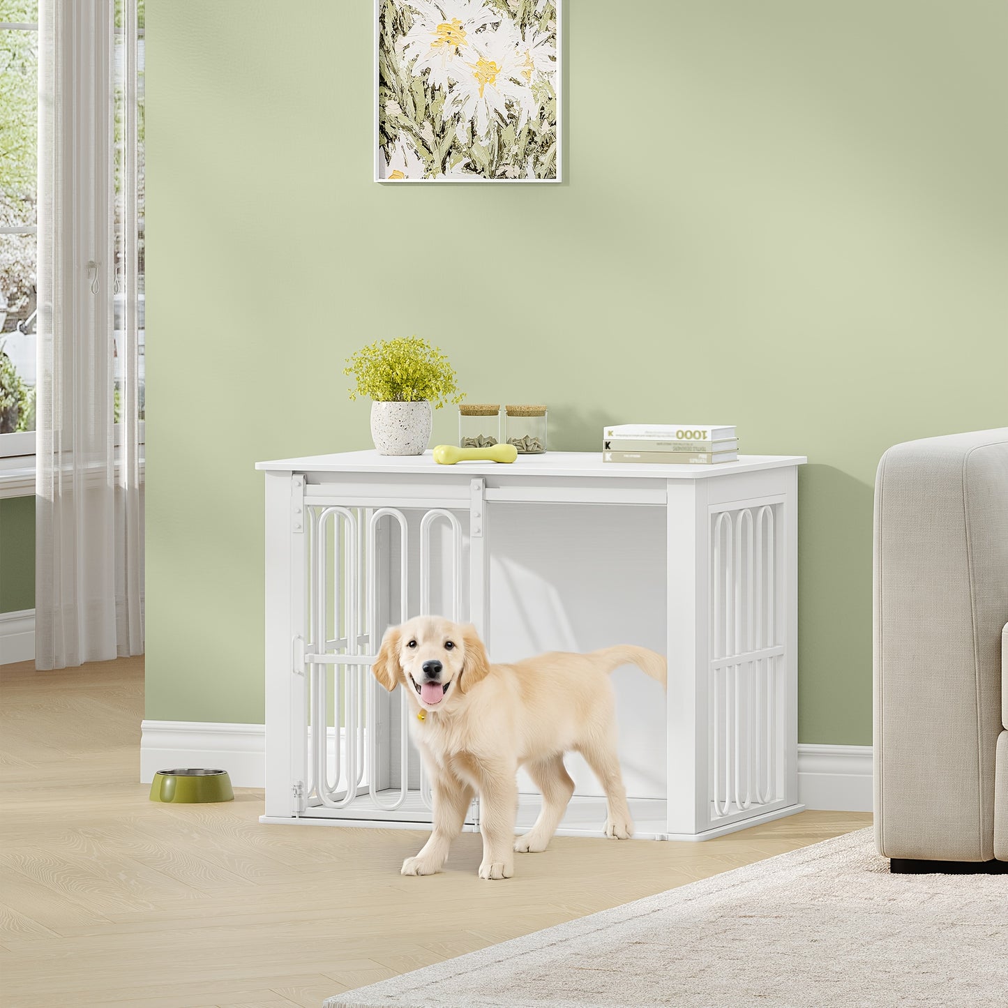 Hondenbench – Hondenkooi – Hondenkooi Meubel – Hondenhok – Huisdier Bench – Houten Hondenbench Met Dubbele Deuren – Inclusief Stevige Bijzettafel – 55 x 81 x 62,4 cm – Voor Kleine En Middelgrote Honden