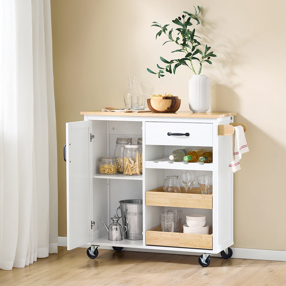 Keukentrolley – Serveerwagen – Opbergrek – Bijzettafel – Keukenwagen – Rubberen Houten Werkblad – Vier Wielen Met Rem – Compact 92x42x87 cm