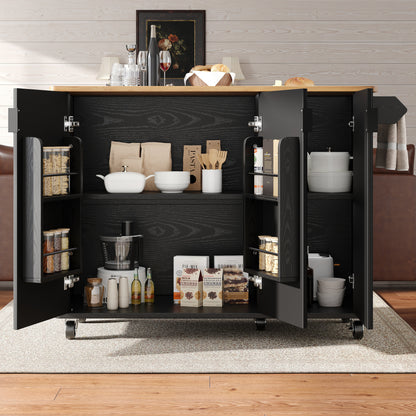 White/Black Modern Extendable Kitchen Island & with Adjustable Shelves, Spice Rack, Towel Rail - Heavy-Duty Metal Frame Trolley, 3-Door Closed Shelving, Space-Saving Expandable Design (130x45x92cm) for Small/Large Kitchens