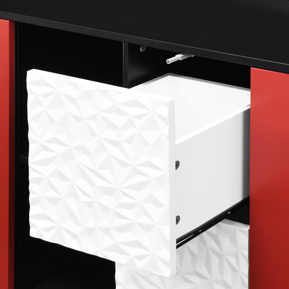 Modern Black & Red Metal Sideboard Cabinet with 2-Drawer Panel Design & Open Shelves - Coffee Bar Storage, Non-Wood Kitchen/ Furniture, Easy Assembly Required (Contemporary for Decor)