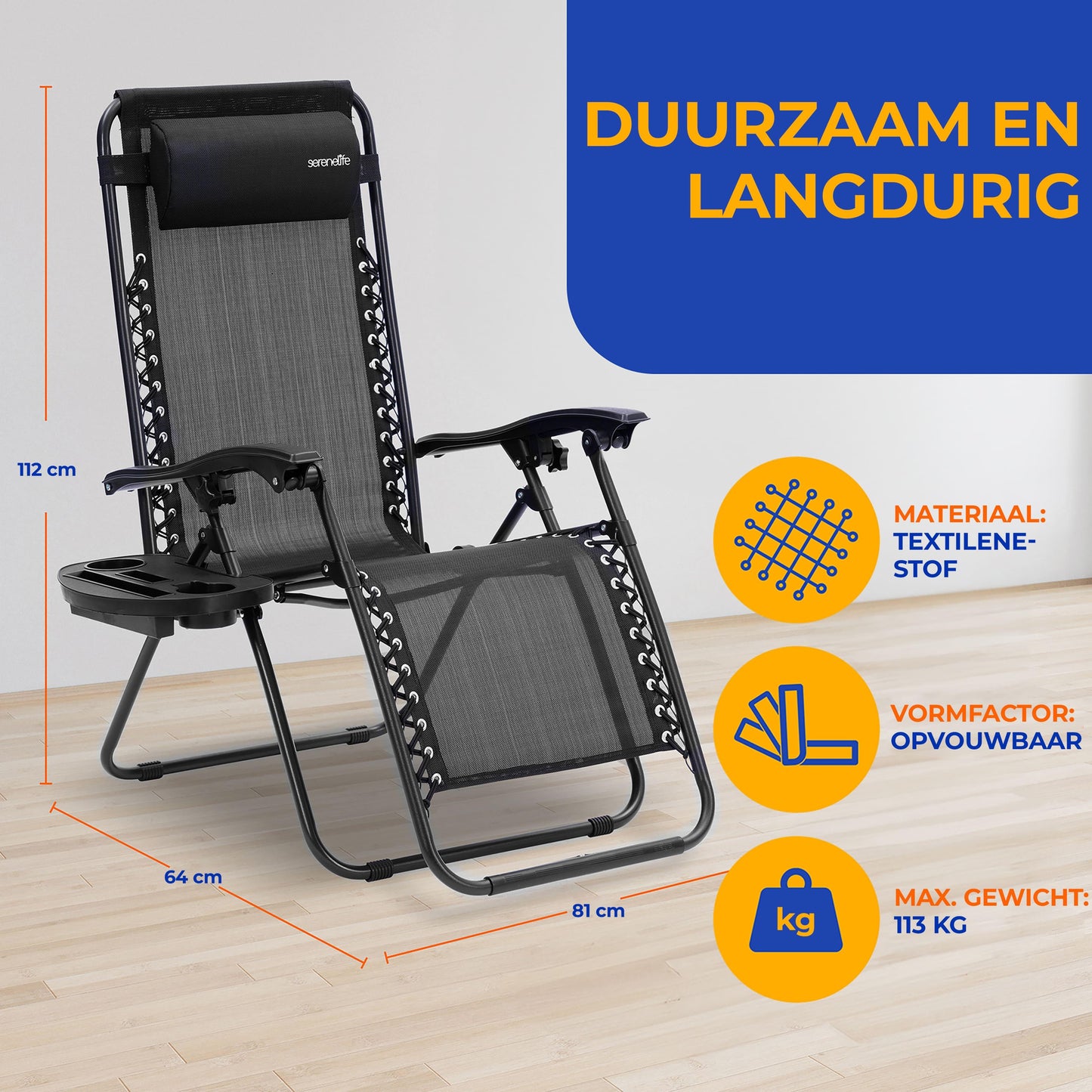 Loungestoel – Fauteuil – Relaxstoel – Tuinstoel – Verstelbaar – Afneembare Kussens en Bekerhouders – Lichtgewicht Stalen Frame – Weerbestendige Buitenstoel