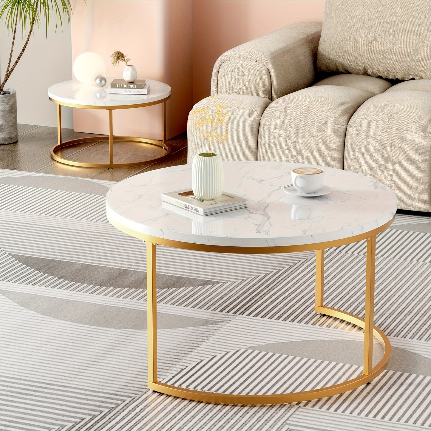 Salontafel – Bijzettafel – Koffietafel – Nachtkastje – Tafeltje – Ronde Set van 2 – Nestbaar Ontwerp – Stalen Frame Met Marmeren Blad