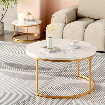 Ronde Salontafel Set – Bijzettafel – Nesting Tafel – Nachtkastje – Kleine Tafel – Nesting Design – Kunstmarmer Blad – Stevig Metalen Frame – Space-Saving – Eenvoudig Te Monteren – Variant Bruin