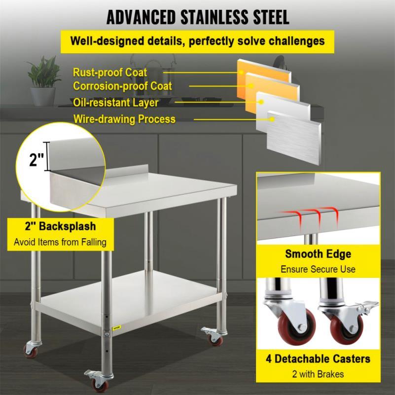 RVS Werkbank – Roestvrijstalen Werktafel – Keukenwerkbank – Professionele Werkbank – Mobiele Werkbank – 199,58 kg Draagvermogen – Verstelbare Onderplank & Backsplash
