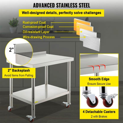 RVS Werkbank – Roestvrijstalen Werktafel – Keukenwerkbank – Professionele Werkbank – Mobiele Werkbank – 199,58 kg Draagvermogen – Verstelbare Onderplank & Backsplash