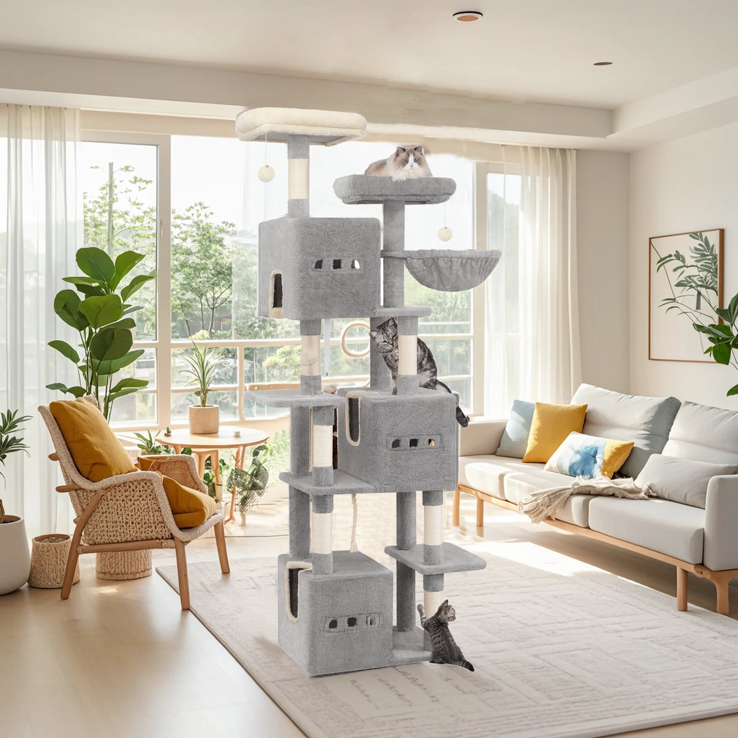 Krabpaal – Kattenboom – Krabmeubel – Kattenhuis – Kattentoren – 193 cm Hoog – Moderne Lichtgrijs – 7 Niveaus – Sisal Krabpalen – 2 Uitkijkplatforms – 3 Holletjes – 2 Wasbare Kussens