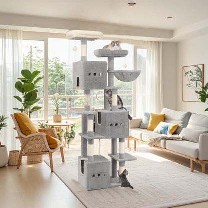 Krabpaal – Kattenboom – Krabmeubel – Kattenhuis – Kattentoren – 193 cm Hoog – Moderne Lichtgrijs – 7 Niveaus – Sisal Krabpalen – 2 Uitkijkplatforms – 3 Holletjes – 2 Wasbare Kussens
