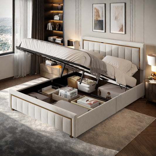 Fluwelen Bed – Tweepersoonsbed – Opbergbed – Boxspring – Luxe Bed – Met Hydraulisch Hefmechanisme – Groot Opberglade – 160x200 cm – Wit Met Gouden Accenten