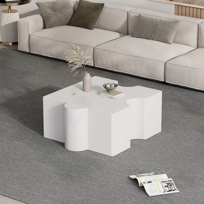 Salontafel – Koffietafel – Bijzettafel – Woonkamertafel – Tafeltje – Modern Wit Puzzelpatroon – Bamboe Tafelblad – Compact 65x65x32 cm