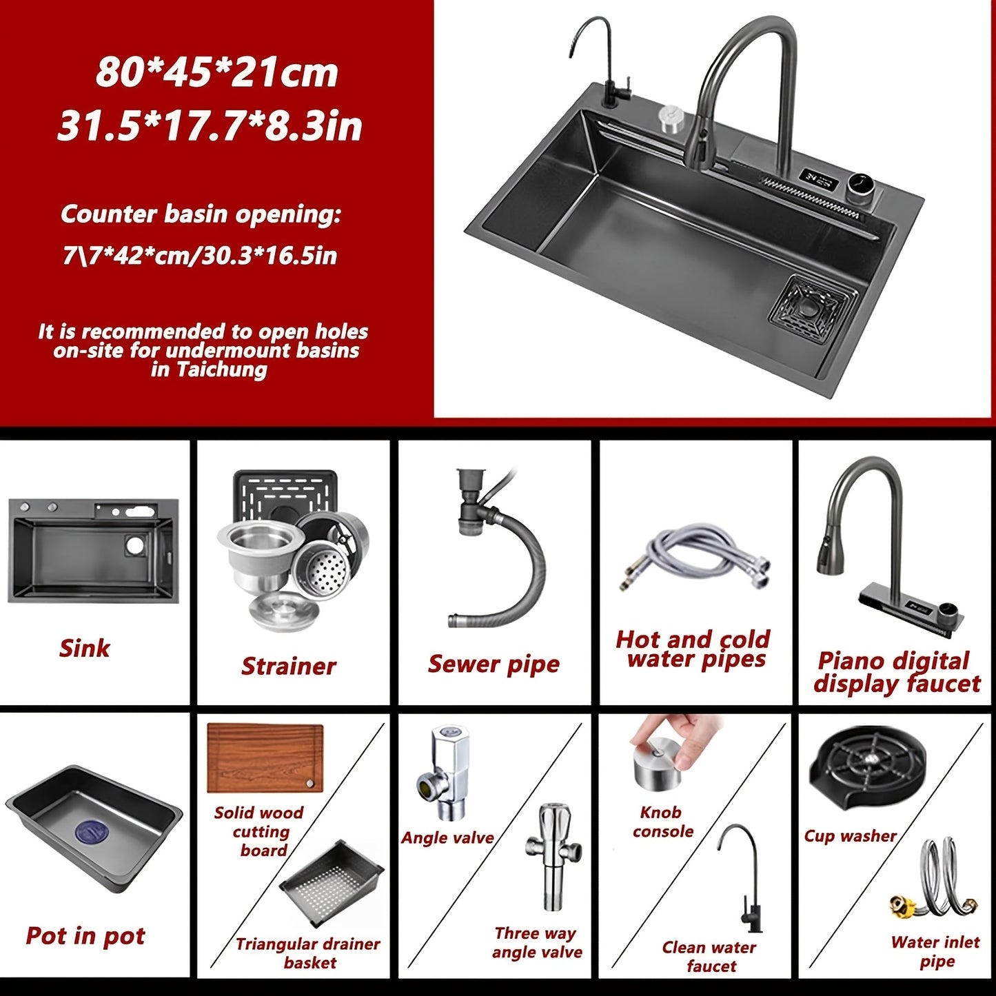 Keukenspoelbak – Spoelbakken Keuken – Wasbak Keuken – Gootsteen Keuken – Enkele Spoelbak – RVS 304 – 80x45 cm – Inbouw Onderbouw Opbouw – Met Afdruipvlak – Zwart