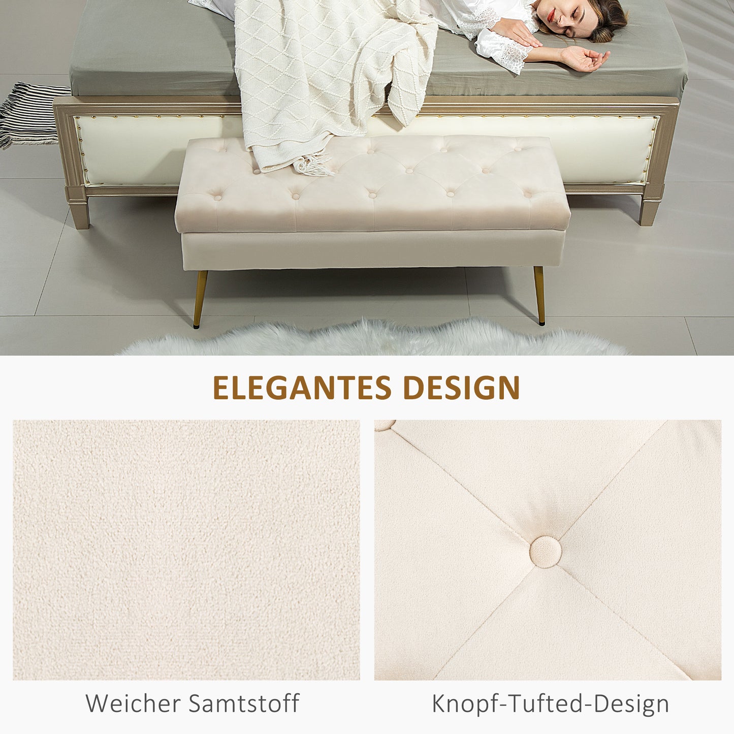 Opbergbank – Zitbank – Halbank – Opbergbox – Poef – Fluwelen Bekleding – Metalen Frame – 102x35x43 cm – Beige