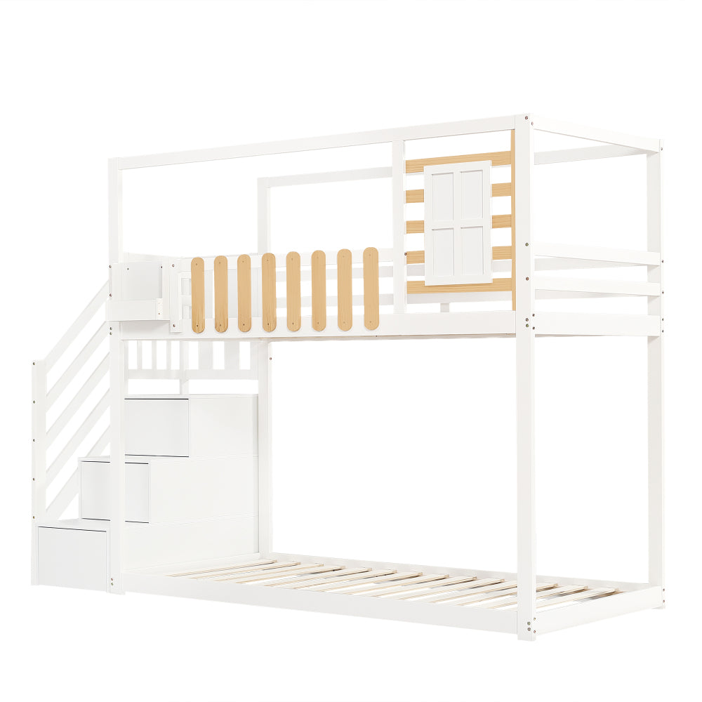 Wit Stapelbed – Kinderbed – Hoogslaper – Bovenbed – Stapelbed Met Veiligheidsnet – Drie-Delige Opbergladder – Ruimtebesparend Twin/Full Bed – Stevige Ladder Met Bescherming