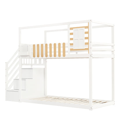Wit Stapelbed – Kinderbed – Hoogslaper – Bovenbed – Stapelbed Met Veiligheidsnet – Drie-Delige Opbergladder – Ruimtebesparend Twin/Full Bed – Stevige Ladder Met Bescherming