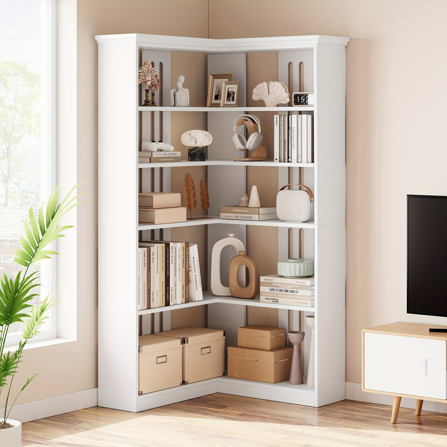 Hoekboekenkast – Hoekboekenplank – L-vormige Boekenkast – Boekenrek – Opbergkast – 182 cm Hoog – Stevige MDF & Houtconstructie – Vrijstaand Wit Meubel