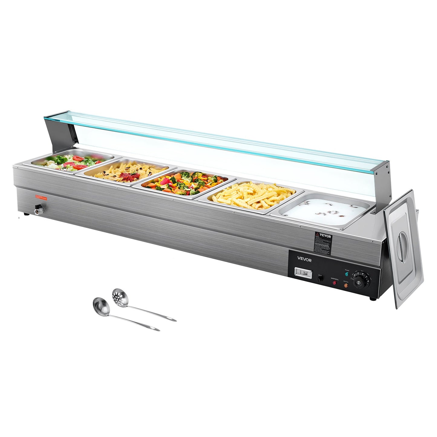 Voedselwarmer – Warmhoudplaat – Buffetwarmer – Bain-Marie – Chafing Dish – 5 Pannen 7,6L – Roestvrij Staal met Glazen Afdekking