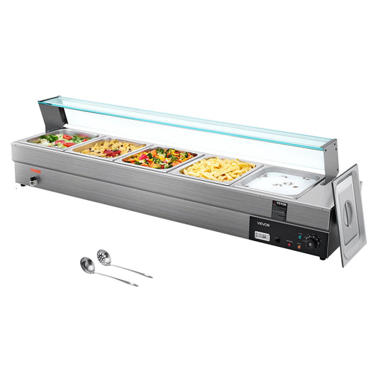 Voedselwarmer – Warmhoudplaat – Buffetwarmer – Bain-Marie – Chafing Dish – 5 Pannen 7,6L – Roestvrij Staal met Glazen Afdekking