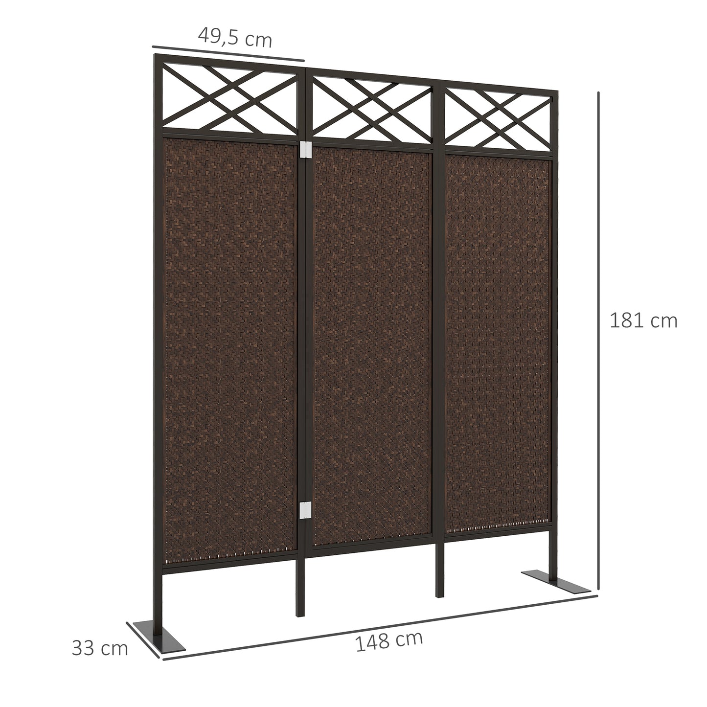 Roomdivider – Scheidingswand – Kamerscherm – Tuinscherm – Privacy Scherm – Vintage Design – Handgeweven PE Rattan – Weerbestendig Stalen Frame – 3 Panelen 148x33x181 cm – Bruin Zwart