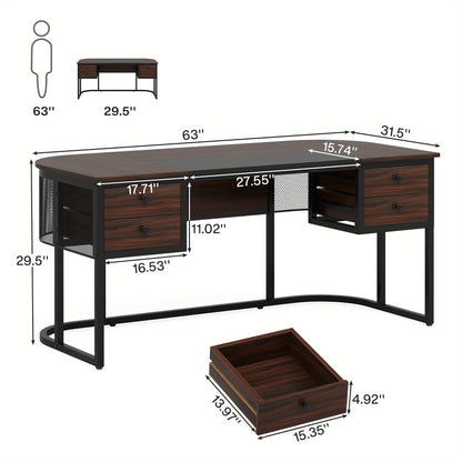 Bureau – Werkplek – Computertafel – Bureautafel – Schrijftafel – Extra Groot – Met 4 Lades – Engineered Houten Tafelblad – Robuuste Metalen Poot – Donker Walnoot