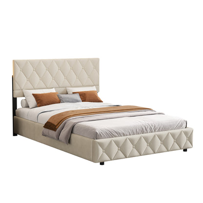 Boxspring Bedframe – Boxspring Bed – Bedframe Met Opbergruimte – Bed Met Hydraulisch Systeem – Bed Voor 2 Personen – Beige 140x200 cm – Hydraulische Lift – Velvet Hoofdbord Met Knopen