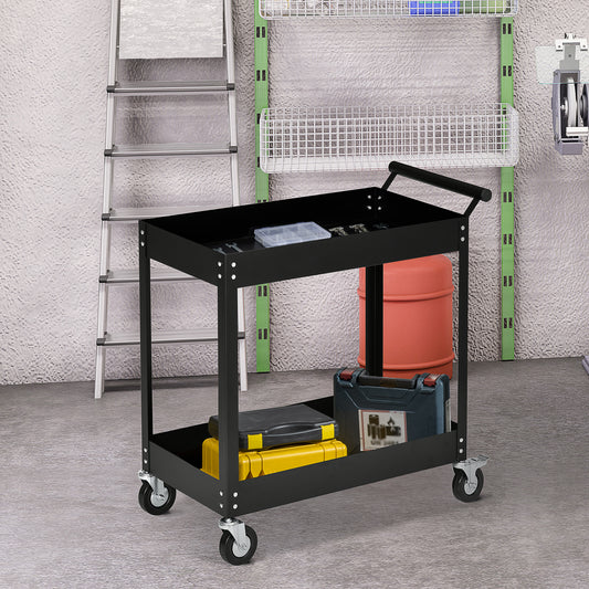 Werkplaatswagen – Gereedschapswagen – Werkplaatskar – Trolley – Opbergwagen – 2 Planken – Staal – Max. 150 kg – Zwenkwielen – Handgreep – Compact 84,5x38x84 cm – Zwart
