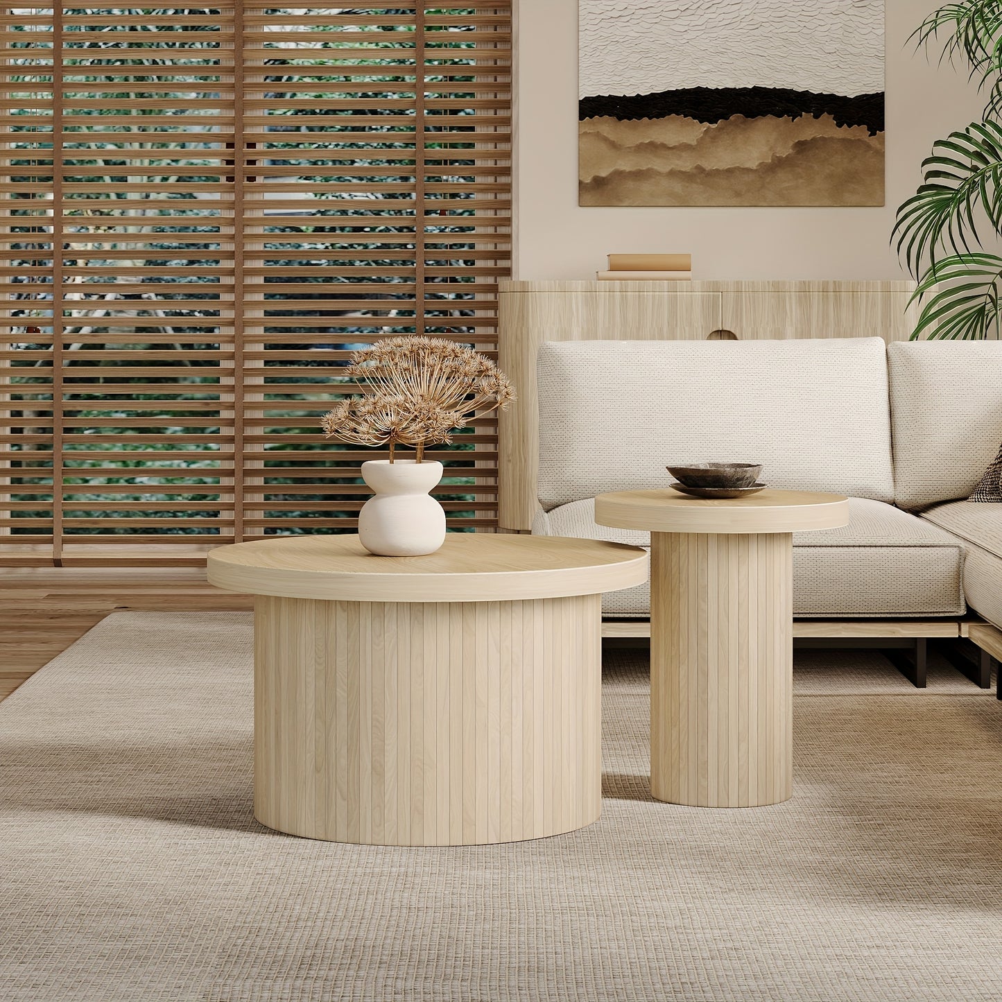 Salontafel – Dubbele Tafel – Ronde Koffietafel – Bijzettafel – Woonkamertafel – Natuurlijk Hout – Met Houten Lamellen – Multifunctioneel