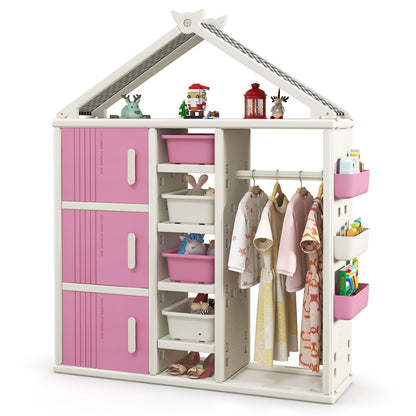 Kinderkast Huisstijl – Boekenkast Kind – Speelgoedkast – Opbergkast Kids – Kledingrek Kinderkamer – Roze – Veilig HDPE Materiaal – 4 Opbergboxen & Zijkorfjes