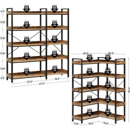5-Tier L-Shaped Corner Bookshelf Heavy-Duty Metal Space-Saving Tall Shelf with 4 Hooks, Curved Corner Shelves for Books & Decor, Assembly, Brown - Suitable for Bedroom, Living Room, Office, Vertical Unit