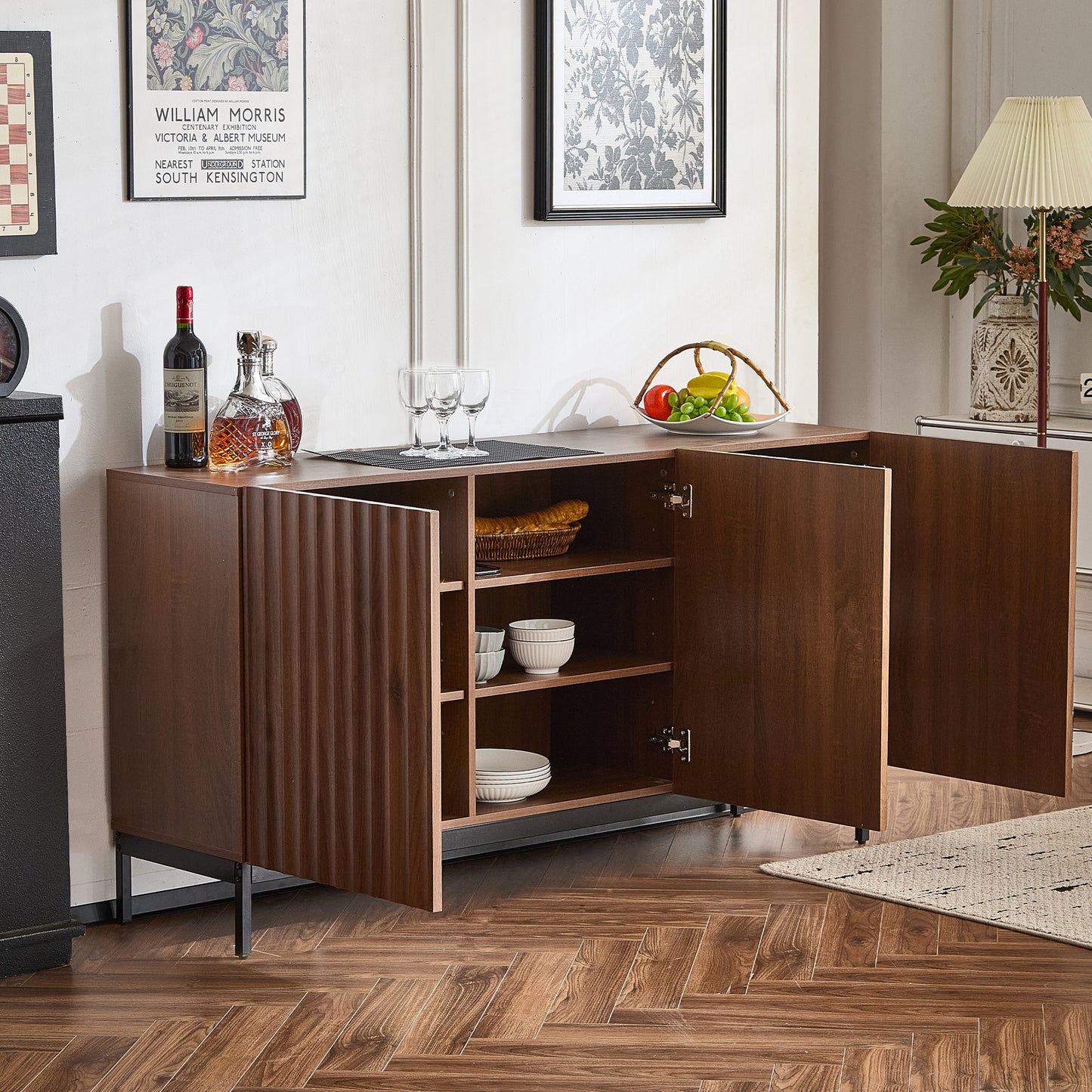 Sideboard – Dressoir – Opbergkast – Buffetkast – Kast – Donker Geoliede Houtkleur – 150x40x80 cm – Uniek 3D Golfpatroon – Verstelbare Planken en Kantelbeveiliging