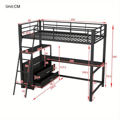 Hoogslaper Bed – Stapelbed – Studiebureau Bed – Ruimtebesparend Bed – Loft Bed Zwart – Stevig Metalen Frame – Ingebouwd L-Vormig Bureau
