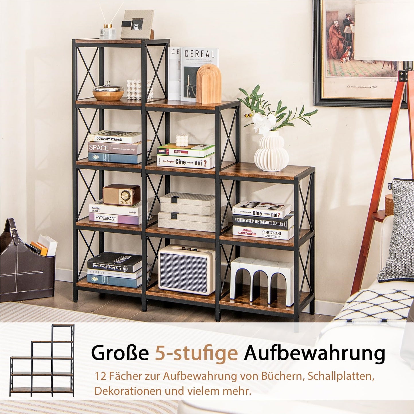 Boekenkast – Boekplank – Opbergkast – Vakkenkast – Staande Kast – Carbonstalen Frame – 12 Open Vakken – Industrieel Vintage Bruin – 115 x 30 x 130 cm