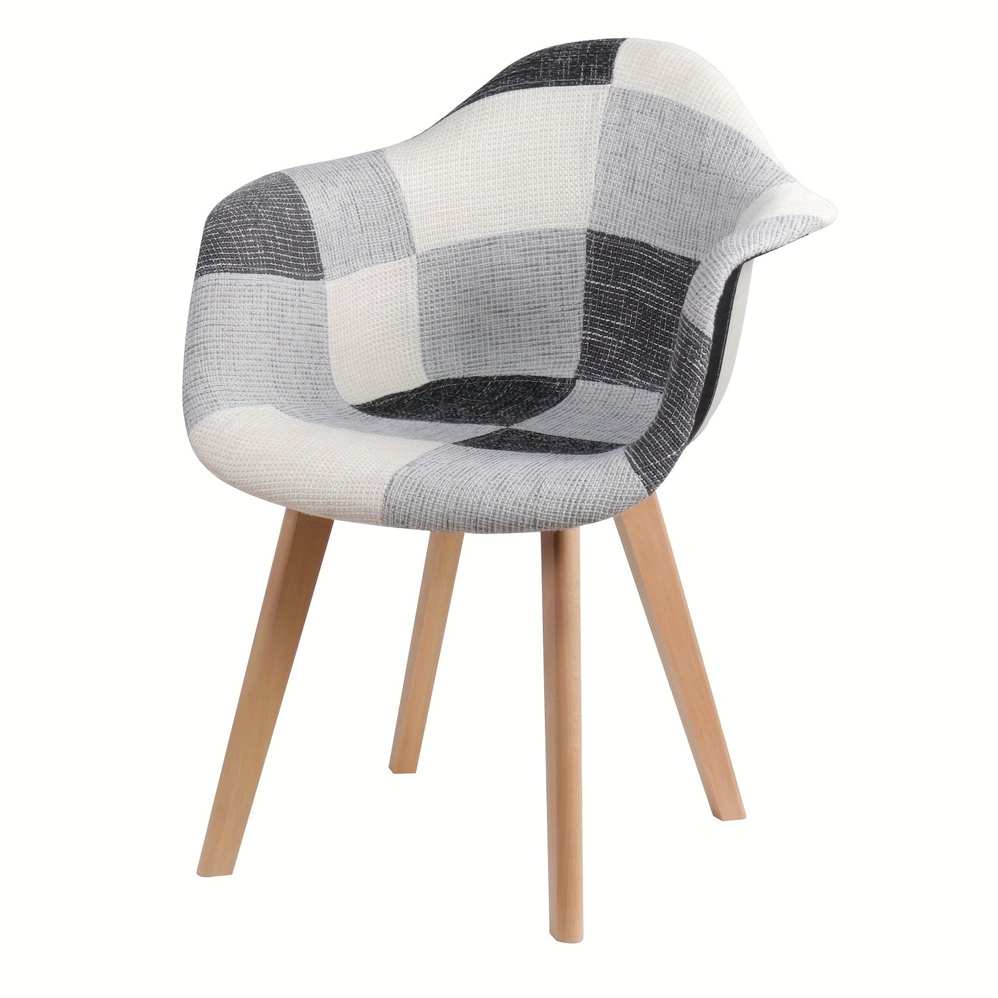 Set van 2 EGOONM Eetkamerstoelen – Klassiek Vintage Design, Grijs-Witte Ruitstof, Beukenhouten Poten met Armleuningen – Duurzaam en Elegant