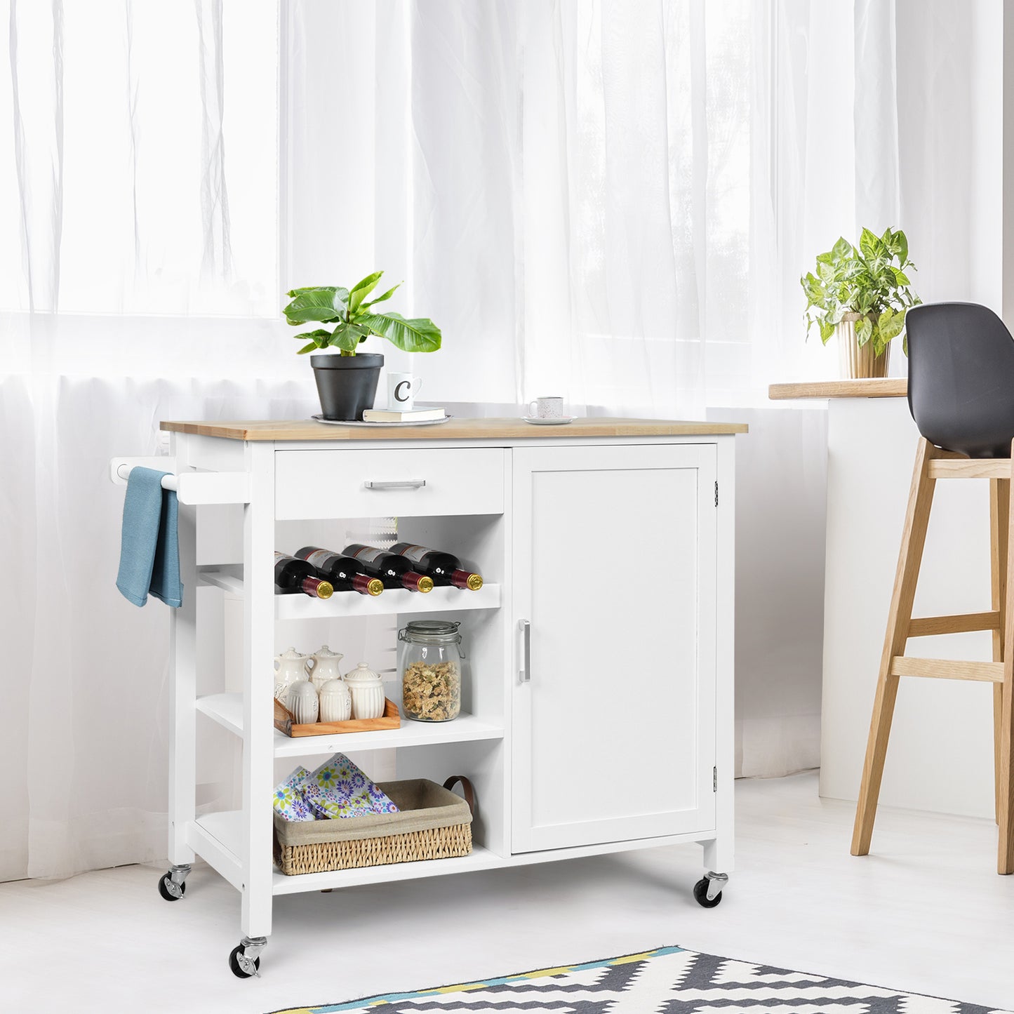 Kunststof Keukentrolley – Keukenwagen – Serveerwagen – Keukeneiland – Rolwagen – Met Wijnrek & Handdoekhouder – Robuust Houten Werkblad – Wielen Met Rem