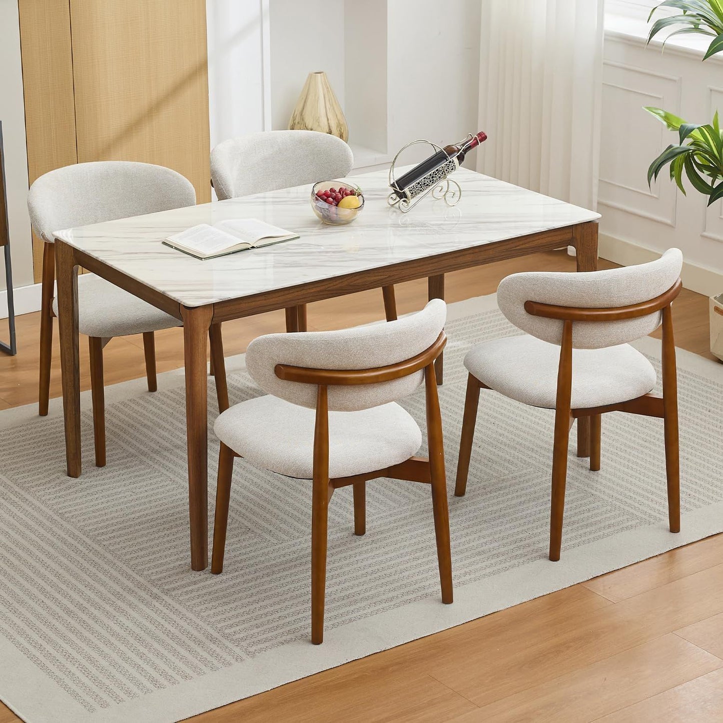 Eetkamerstoelen – Houten Stoelen – Stoelen Set – Linnen Stoel – Keukenstoelen – Beige Linnen Bekleding – Stevige Hardhouten Poten