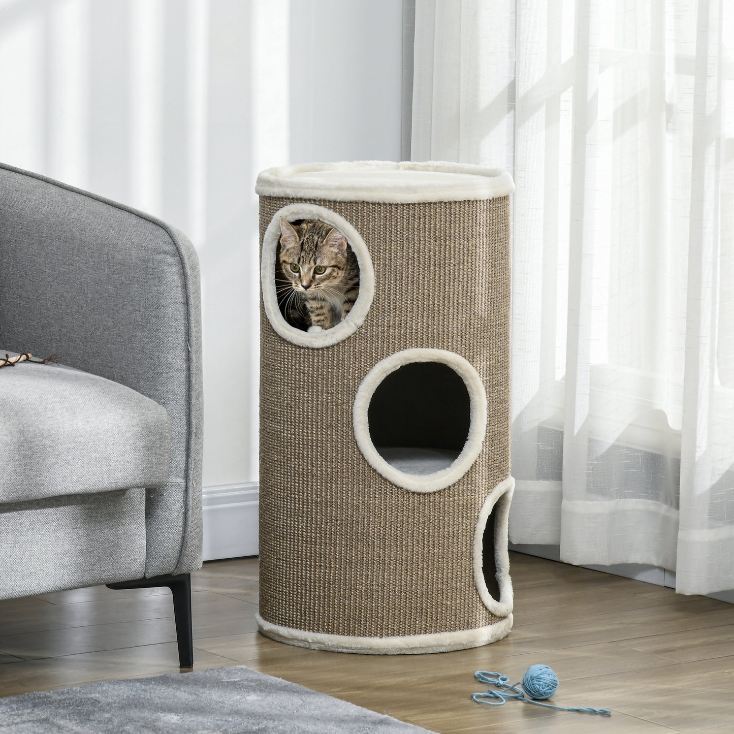 Krabpaal – Kattenkrabpaal – Kattenboom – Krabmeubel – Kattenspeelboom – Zacht Pluche – Duurzaam Sisal – Ø38 x 70 cm – Bruin