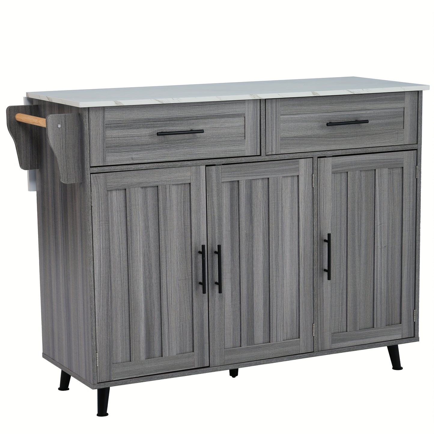 keukentrolley – keukenkarren – serveertrolley – keukenwagen – mobiele keukenunit – modern design – marmeren werkblad – uitschuifbaar blad – wielen met remmen – grijs met khaki deuren
