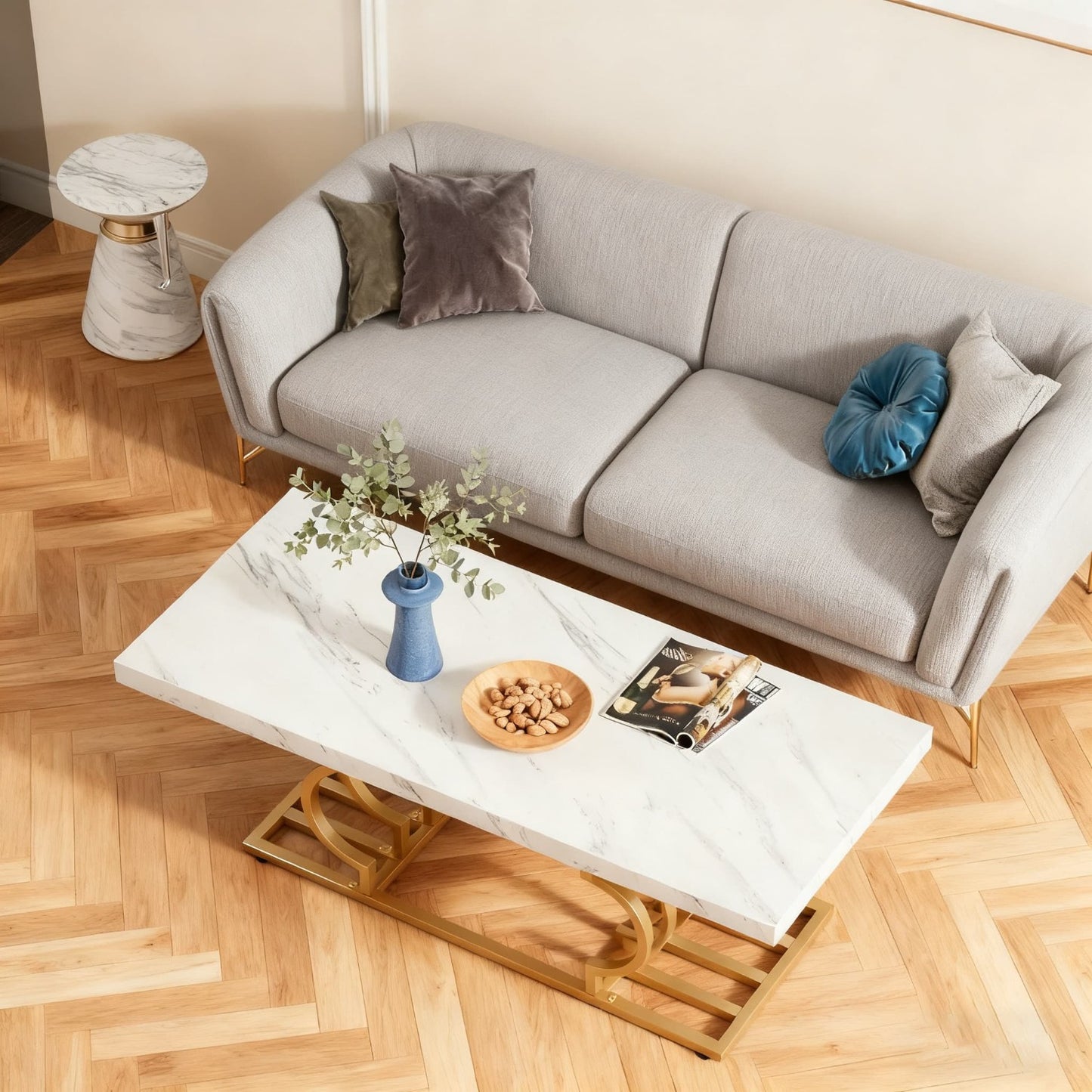 Salontafel – Koffietafel – Woonkamertafel – Tafel – Bijzettafel – Wit Marmerlook – Gouden Metalen Frame – 120x50 cm – Krasbestendig MDF & Antislip Voetjes