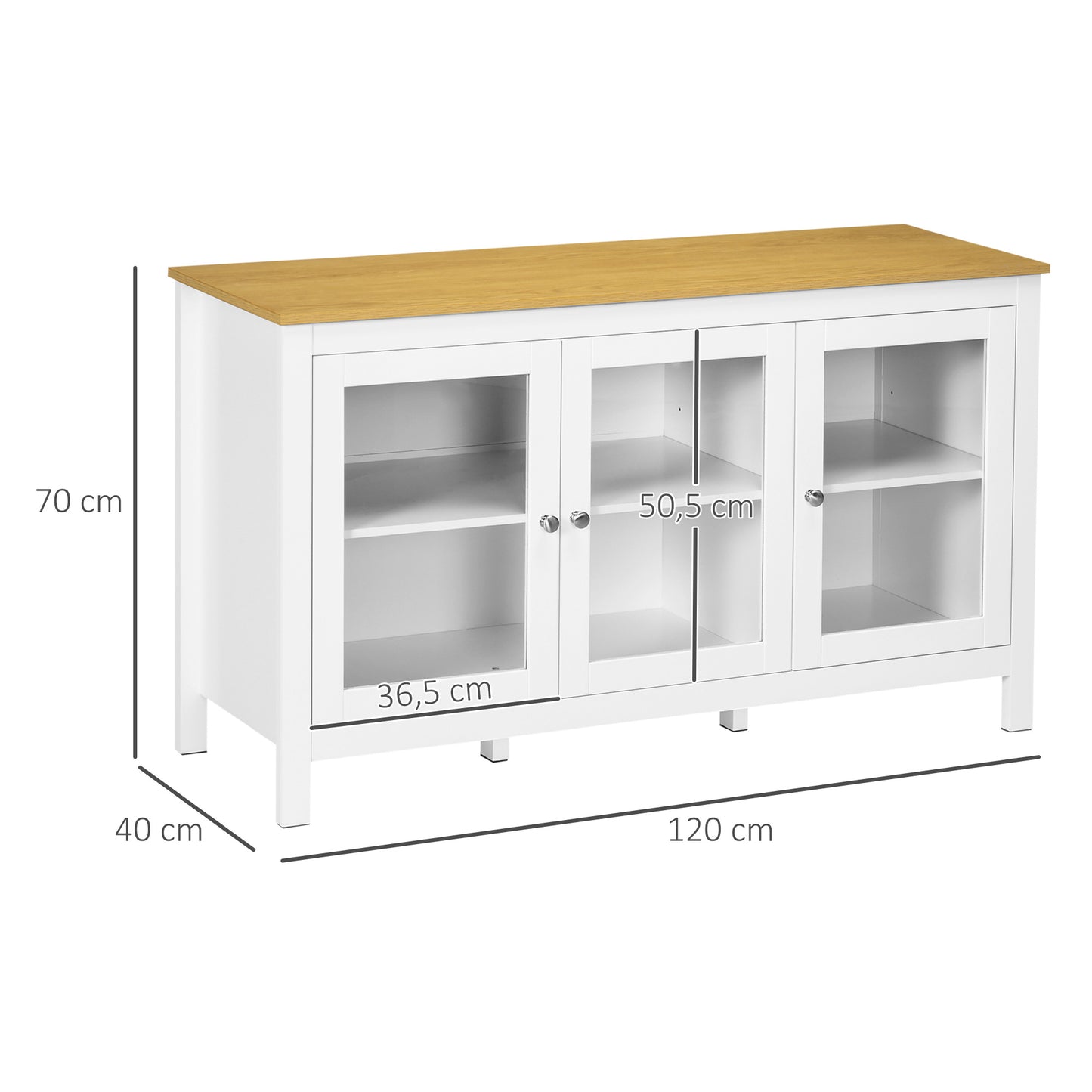 Opbergkast – Dressoir – Buffettafel – Kast met Deuren – Wit – 3 Glazen Deuren – 2 Verstelbare Planken – Licht Houten Blad – 120x40x70 cm
