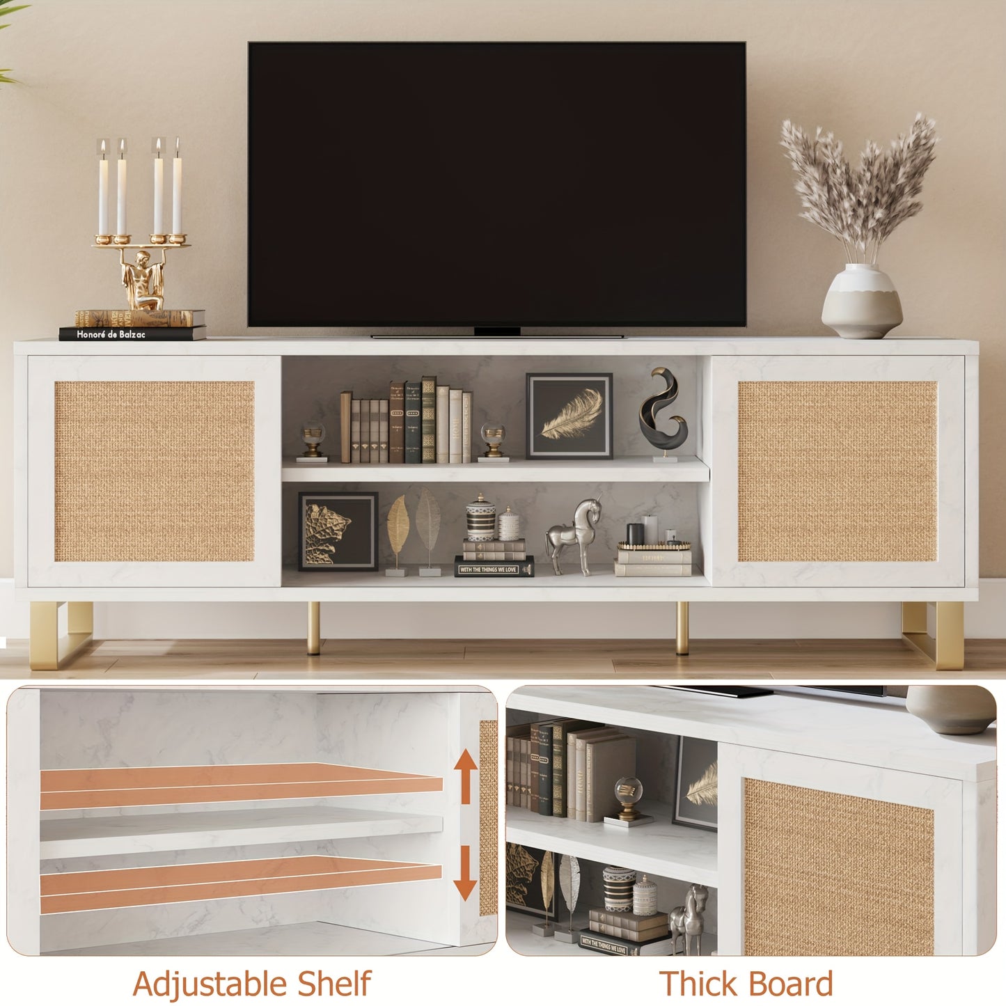 Tv Meubel – TV Kast – TV Meubelkast – TV Dressoir – Entertainment Center – Wit Met Rattan – Geschikt Voor TV Tot 165 cm – Verstelbare Planken