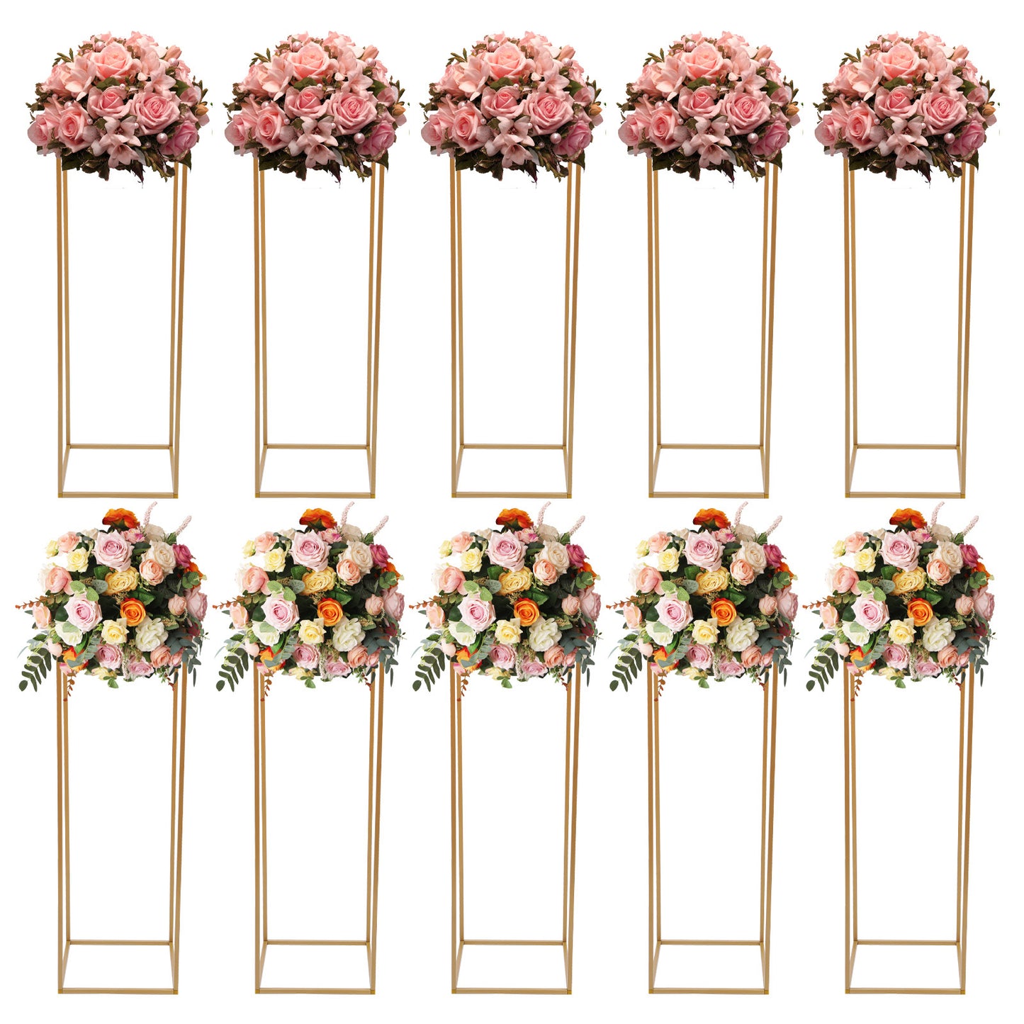 Vaasstandaard – Bloemenstandaard – Boeketstandaard – Bloemenhouder – Bloemhouder – Gouden Set van 10 – Stevig IJzer – 27x27x80 cm, Max 10 kg Draagkracht