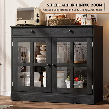 Buffetkast – Dressoir – Opbergkast – Vitrinekast – Kast Met Lade – Modern Design – Glasdeur – Compact Formaat – MDF Hout
