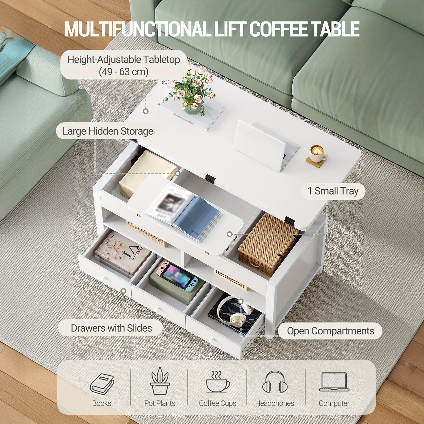 Salontafel – Verstelbare Tafel – Koffietafel – Woonkamertafel – Eettafel – Wit – Pneumatisch Hoogte Verstelbaar – Uitschuifbaar tot 100 × 100 cm