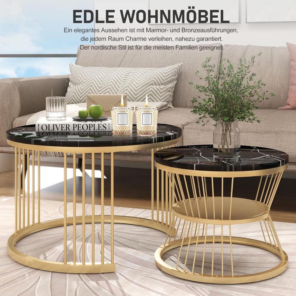 Ronde Salontafel – Koffietafel – Bijzettafel – Nestbare Tafel – Sofa Tafel – Marmerlook Fineer – Set Van 2 – Lichtgewicht Met Metalen Frame