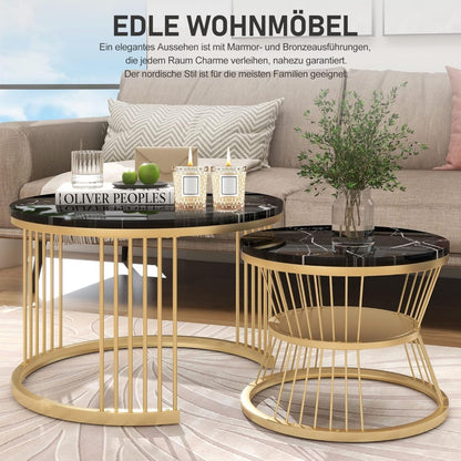 Ronde Salontafel – Koffietafel – Bijzettafel – Nestbare Tafel – Sofa Tafel – Marmerlook Fineer – Set Van 2 – Lichtgewicht Met Metalen Frame