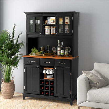 Keukenkast – Keukenbuffet – Kast – Dressoir – Opbergkast – Zwart – 3 Laden En Verstelbare Planken – Wijnrek En Open Schappen – 112x43x184,5 cm