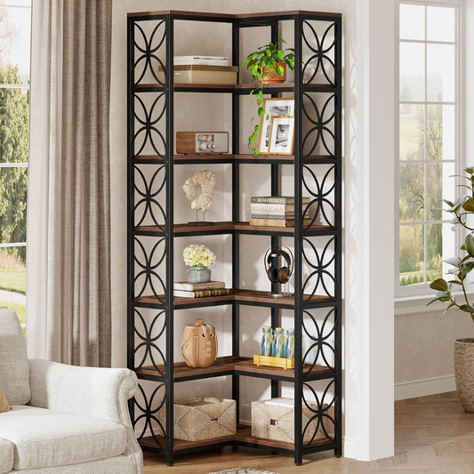 Hoekboekenplank – Hoekrek – Hoekkast – Boekenrek – Boekenkast – Industrieel Design – 7 Planken – 200 cm Hoog – Rustiek Bruin Hout met Zwart Metaal