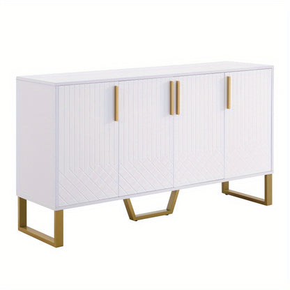 Dressoir – Ladekast – Opbergkast – Buffetkast – Kast – Hoogglans Wit – 4 Deuren – Metaal Handvatten & Poten – Geometrisch Design – 140x40x80 cm