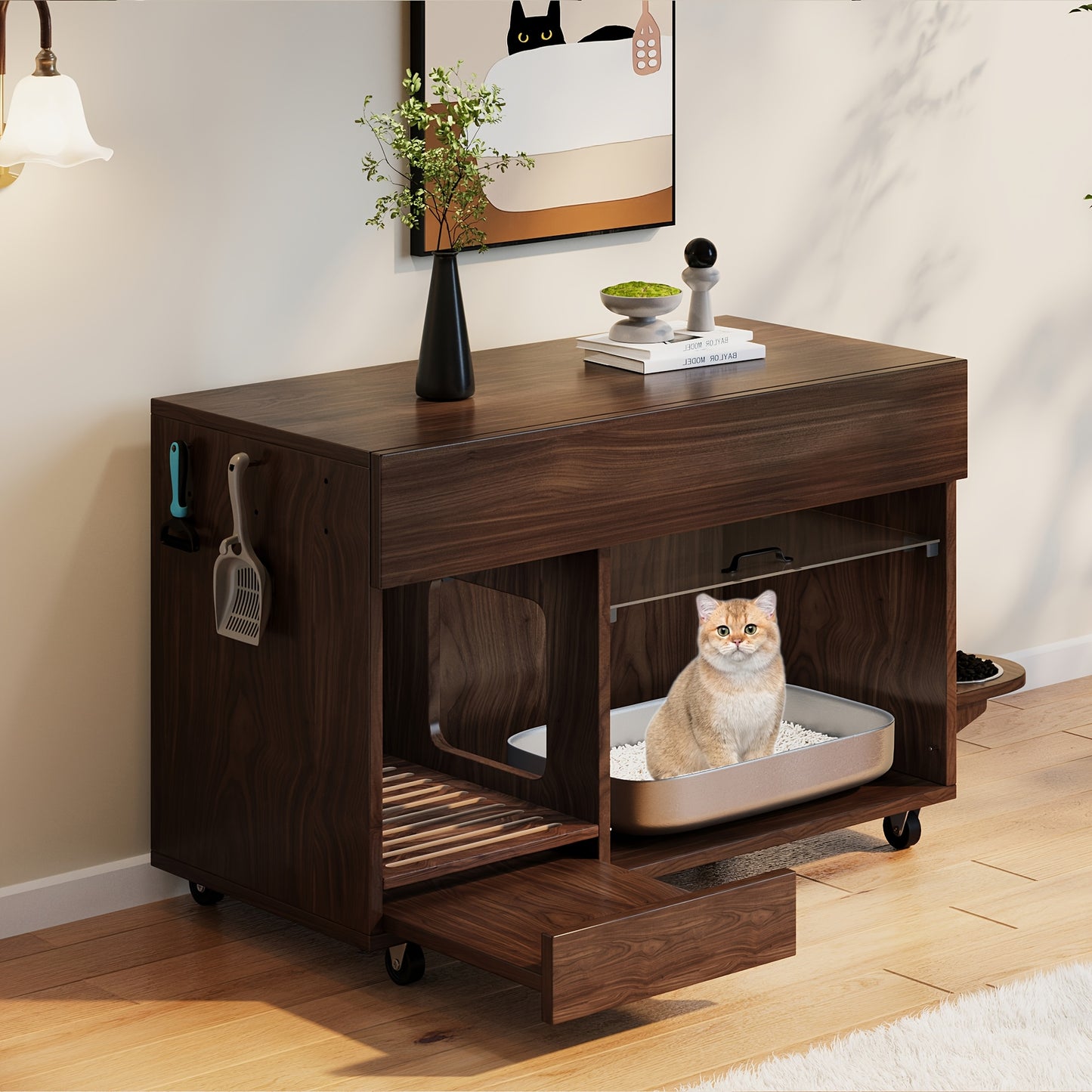 Portable Cat Litter Cabinet with Cat Food Tray & Odor-Control System - 4-Wheel Mobile Storage Unit, Perforated Plate & Sand Collection Tray, Space-Saving Design for Cats (Compatible with Litter Boxes, Litter Box Not Included)